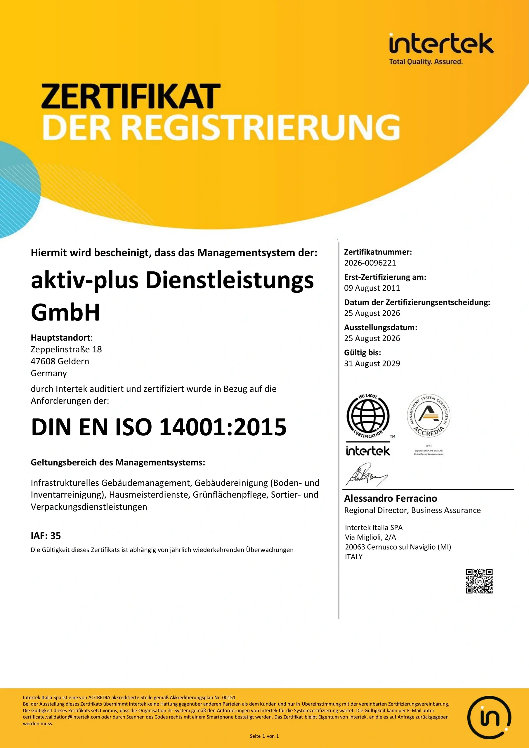 Zertifikat DIN EN ISO 14001:2015